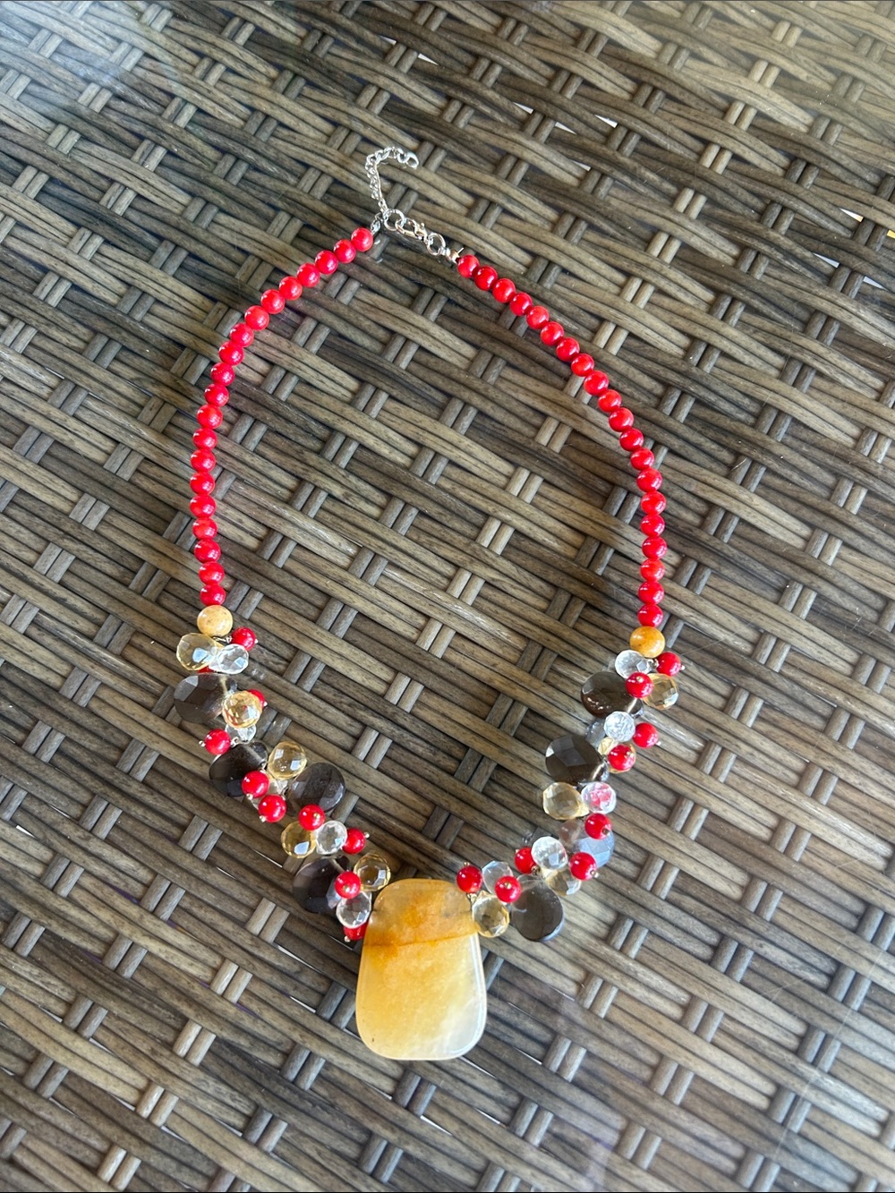 Women's Red Beaded Necklace with Golden Stone Pendant